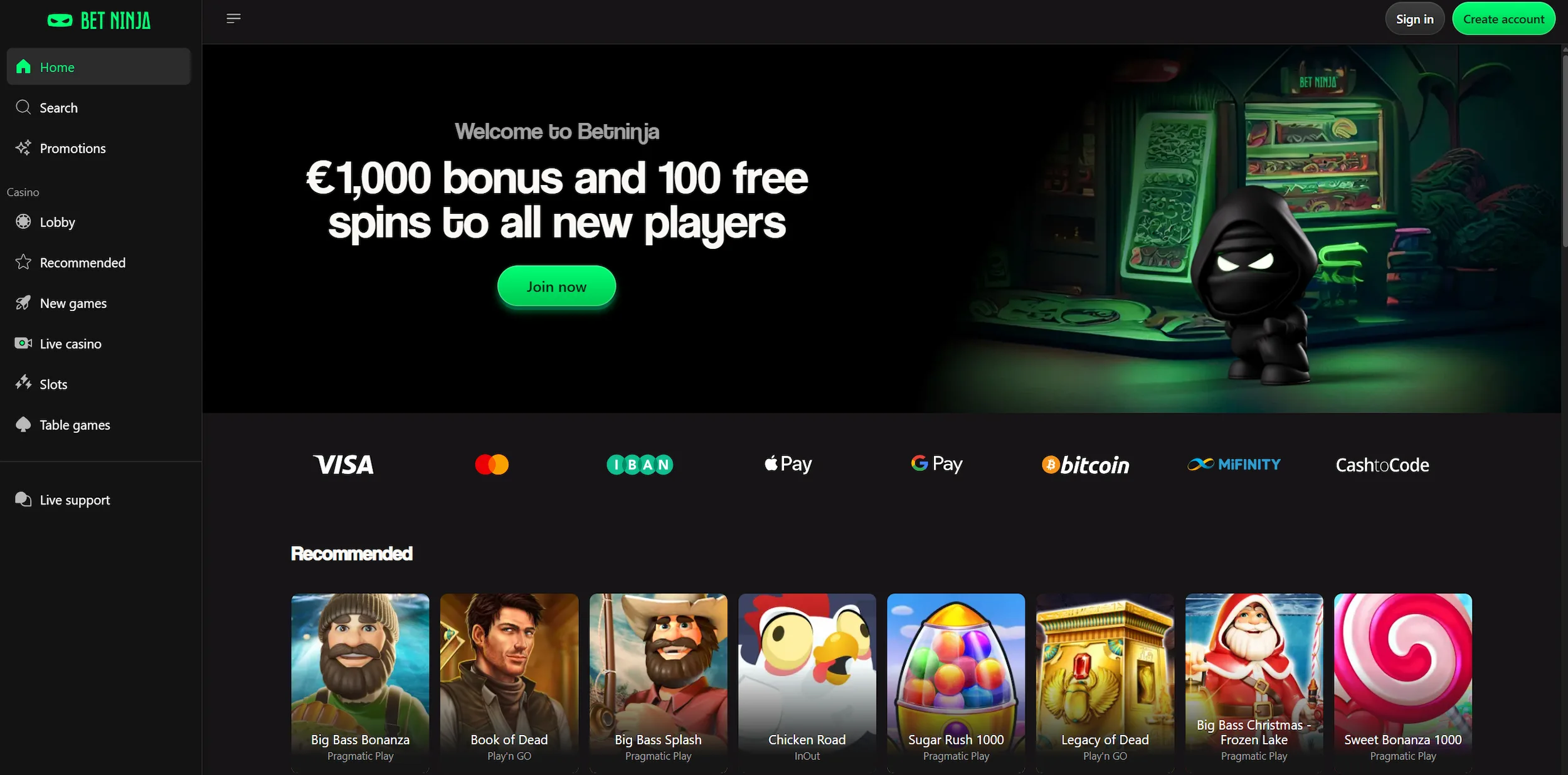 BetNinja casino homepage featuring welcome bonus offer, recommended online pokies and site navigation