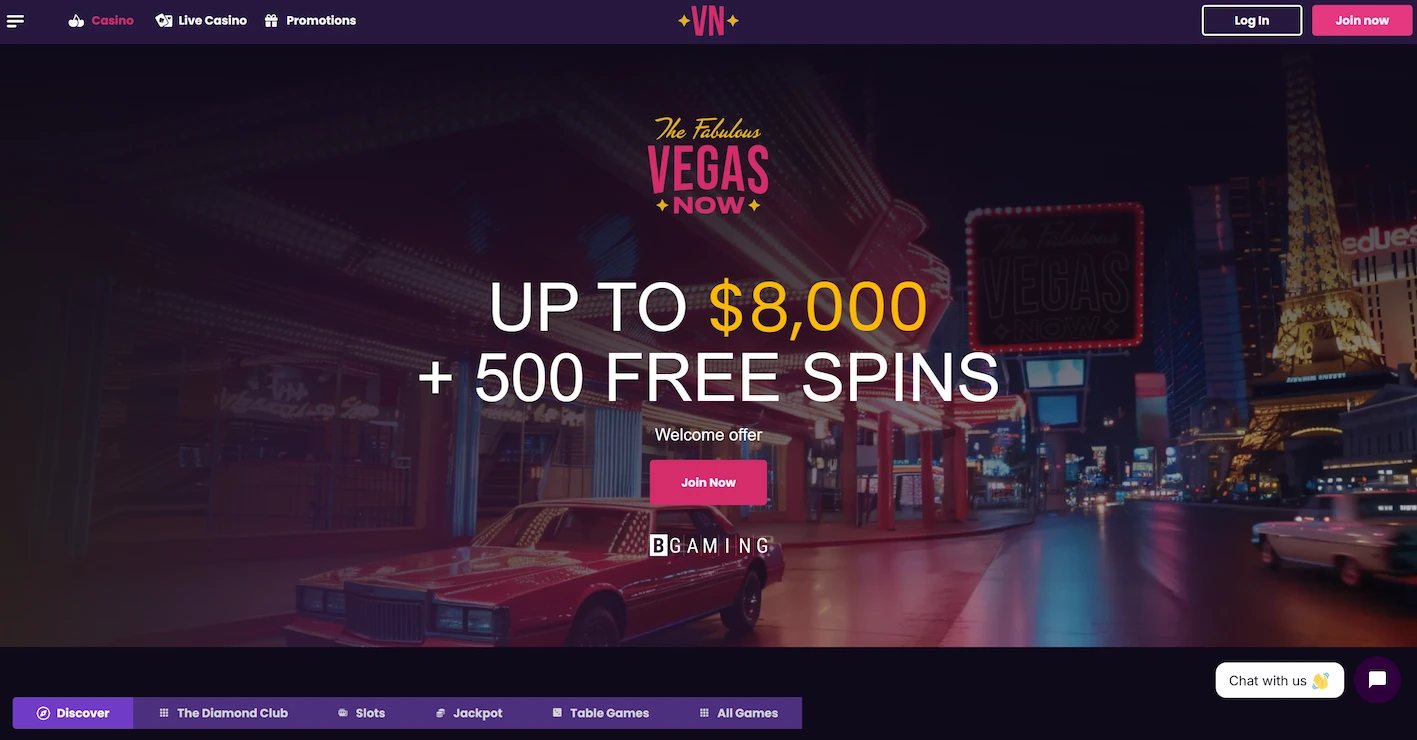 VegasNow casino homepage featuring welcome bonus offer and site navigation
